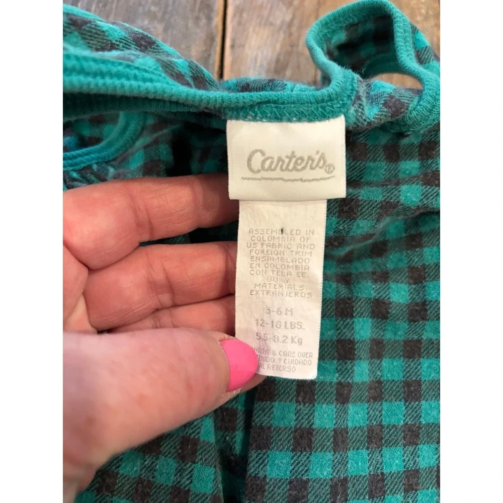 Carters Vintage Baby Romper Teal Black Plaid‎ Snap Front One Piece 3-6M